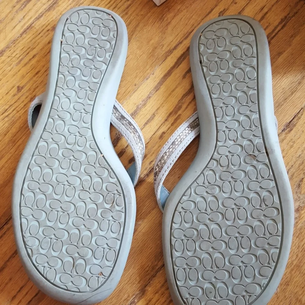 Coach Light Blue and Tan Embossed Logo Flip Flop Sandals